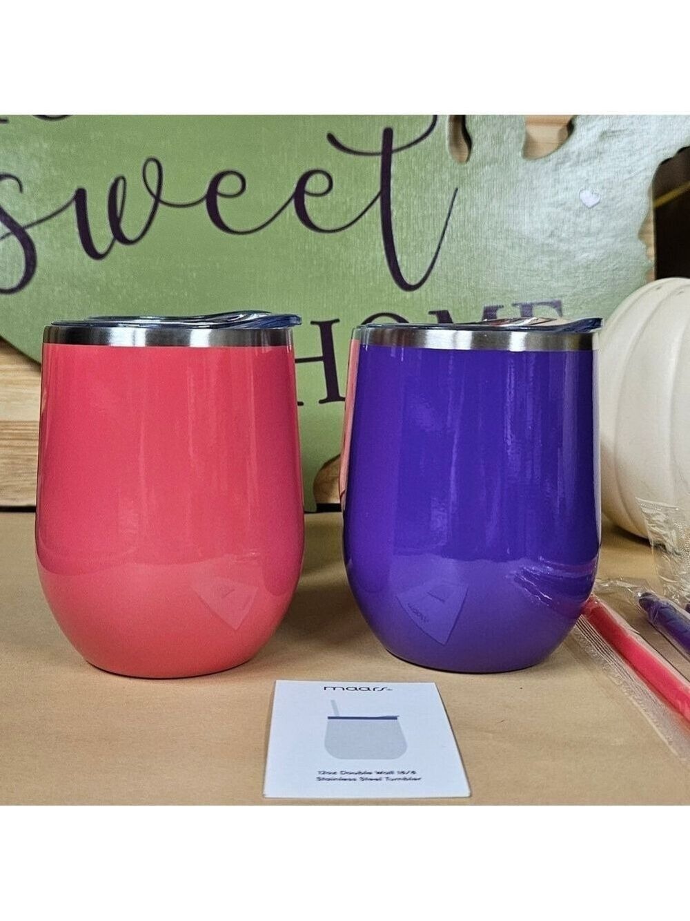SET OF 4 Wine Tumblers Coral and Purple Stainless Steel 12oz